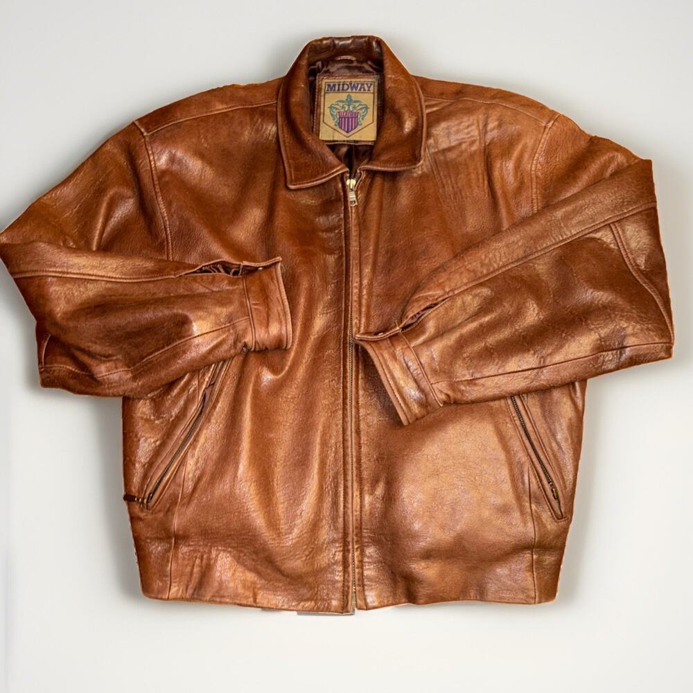 Vintage Midway Genuine Leather Bomber Flight Jacket Men's XL ? Brown Zip Soft